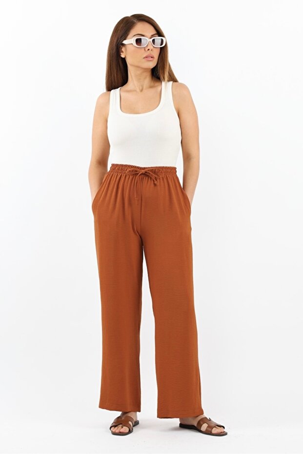 Women's Relaxed Coffee Waist Elastic Straight Cut Ayrobin Pants with Pockets