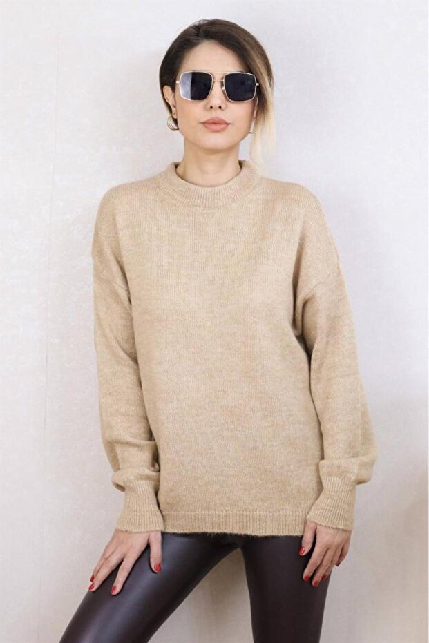 Kadın Camel Oversize Basic Kazak - 1