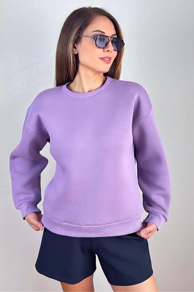 Kadın Cozy İçi Polarlı Mor Basic Bisiklet Yaka Pamuklu Kalın Örme Sweatshirt - 5