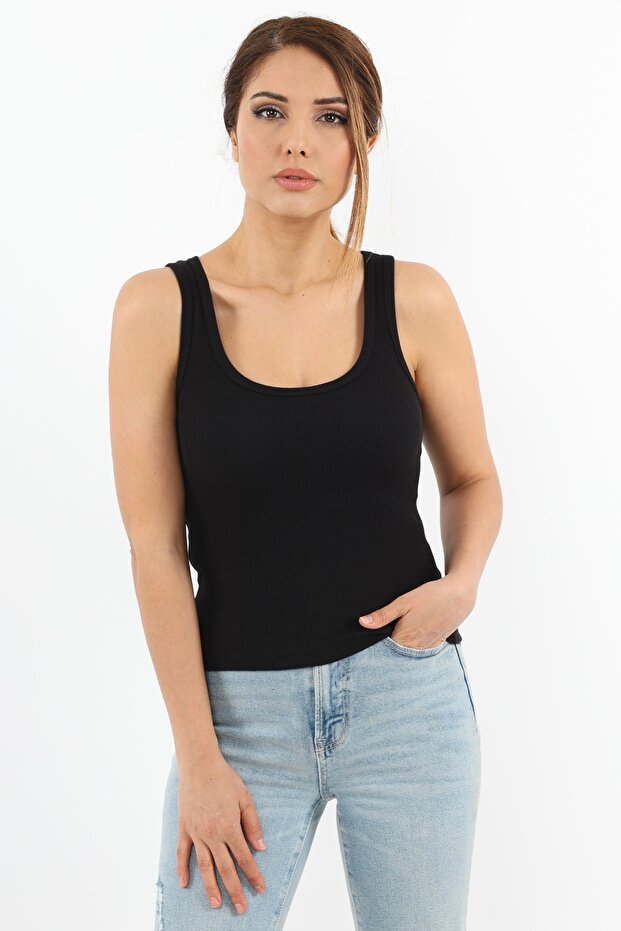 Kadın Cotton Premium Doku Siyah Pamuklu Basic Fitilli Atlet - 1