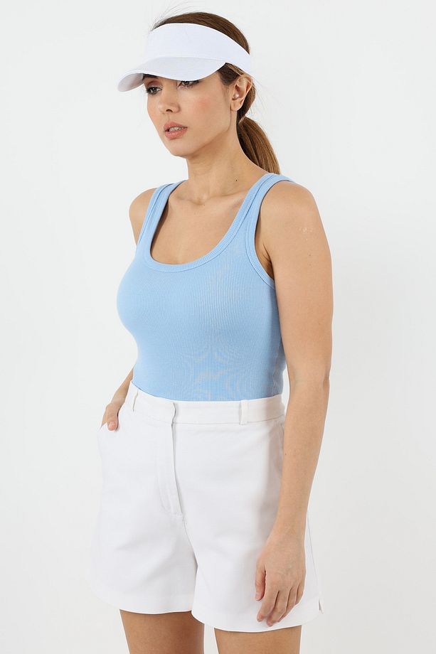 Kadın Cotton Premium Doku Mavi Pamuklu Basic Fitilli Atlet - 3