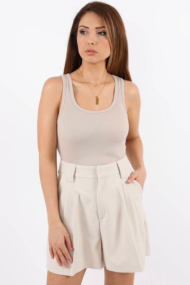 Kadın Cotton Premium Doku Bej Pamuklu Basic Fitilli Atlet - 6