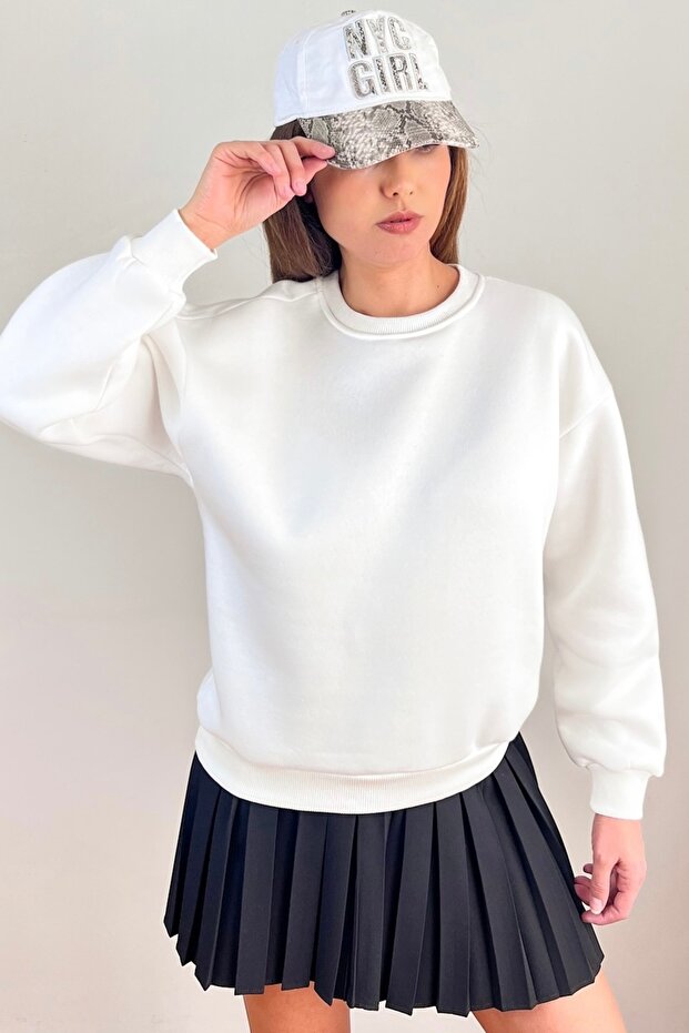 Kadın Cozy İçi Polarlı Ekru Basic Bisiklet Yaka Pamuklu Kalın Örme Sweatshirt - 6