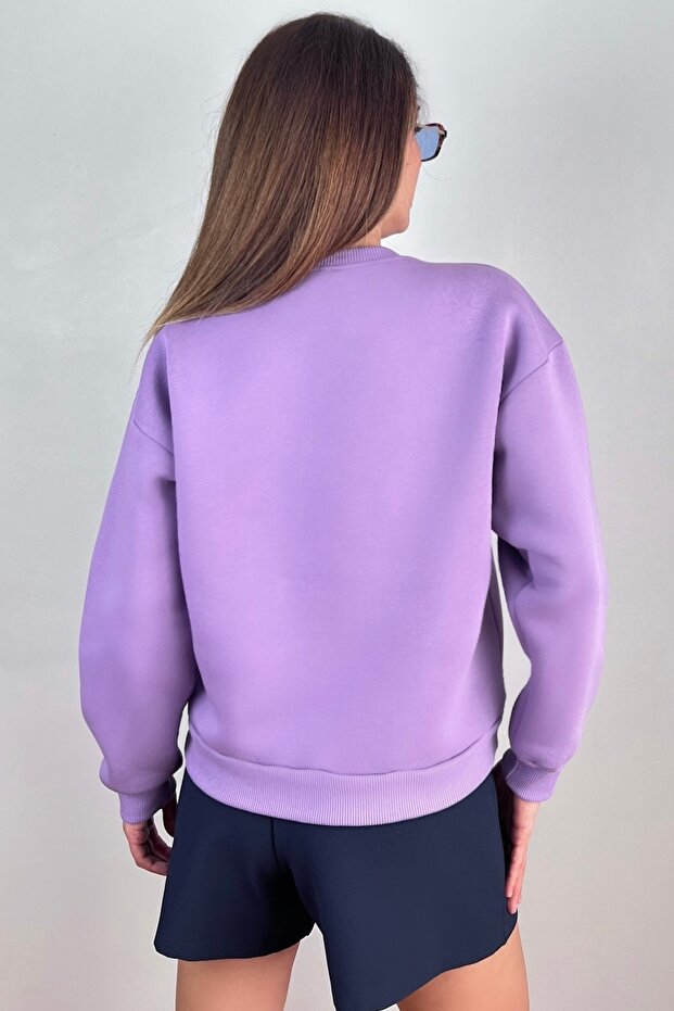 Kadın Cozy İçi Polarlı Mor Basic Bisiklet Yaka Pamuklu Kalın Örme Sweatshirt - 6