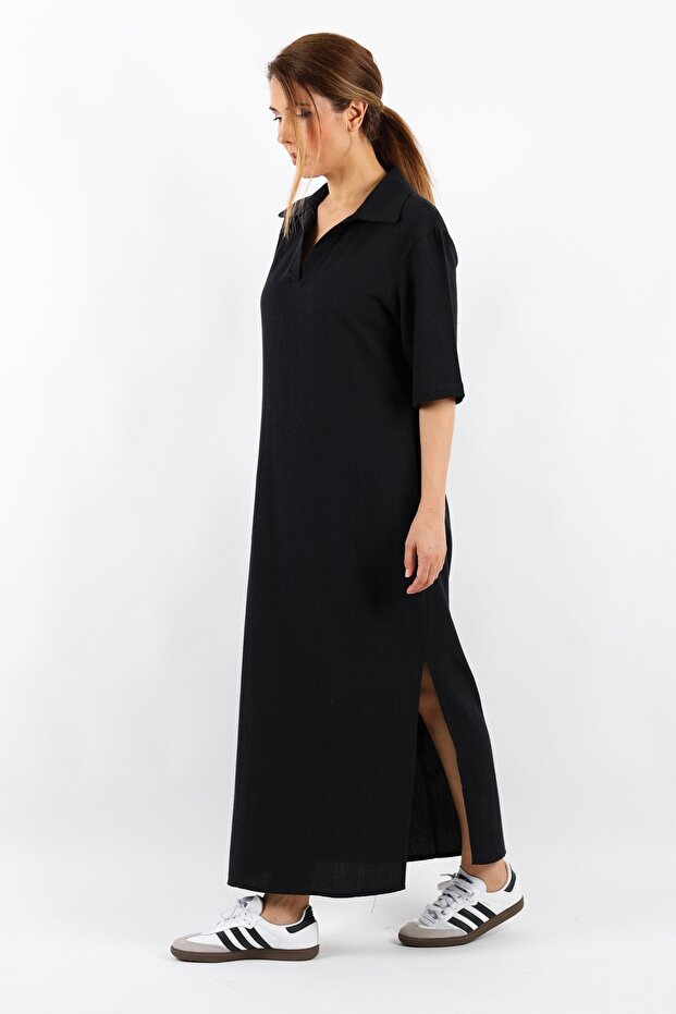 Kadın Basic Siyah Polo Yaka Yırtmaçlı Elbise - 3