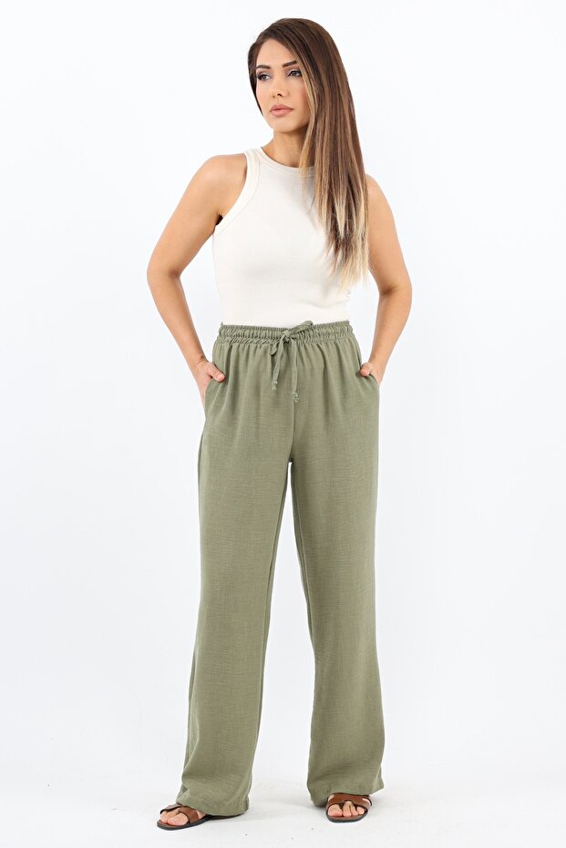 Women's Linen Comfy Khaki Straight Cut Elastic Waist Trousers