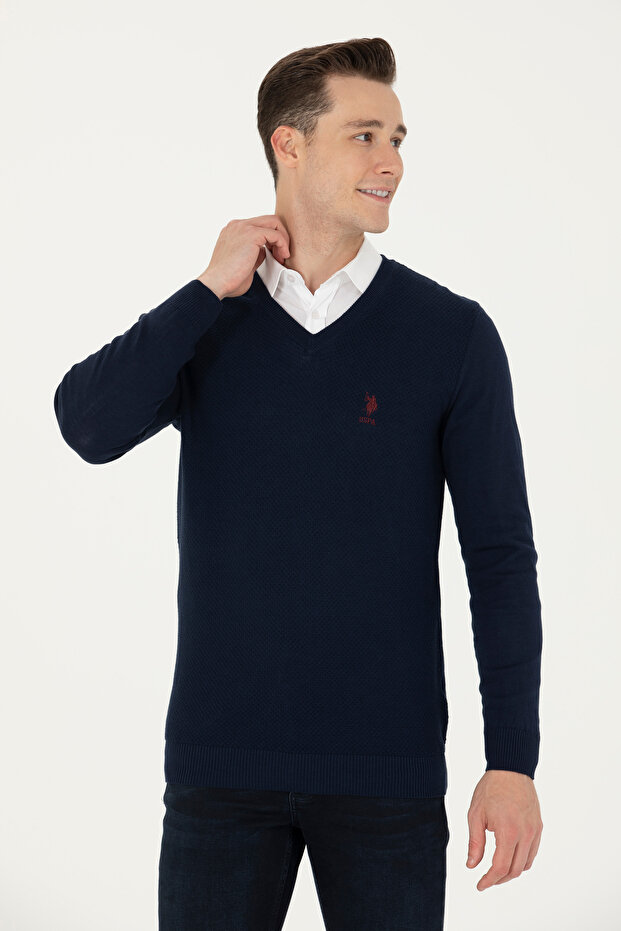 Men's Navy Blue V-Neck Sweater 50269004-Vr033