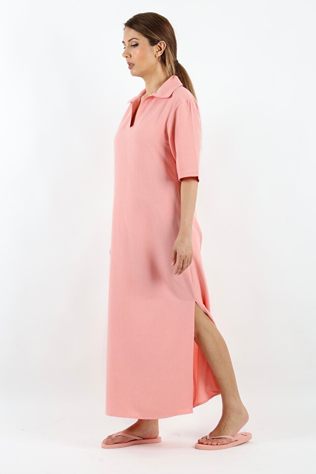 Kadın Basic Somon Polo Yaka Yırtmaçlı Elbise - 7