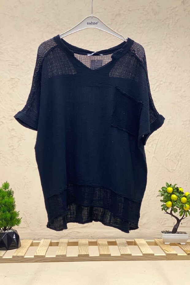 Judge Collar Shoulder Pocket Mesh Linen Blouse