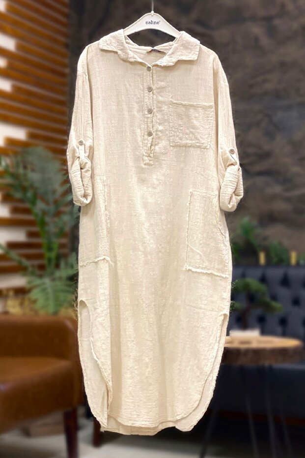 Collared Buttoned Long Linen Dress with Pockets