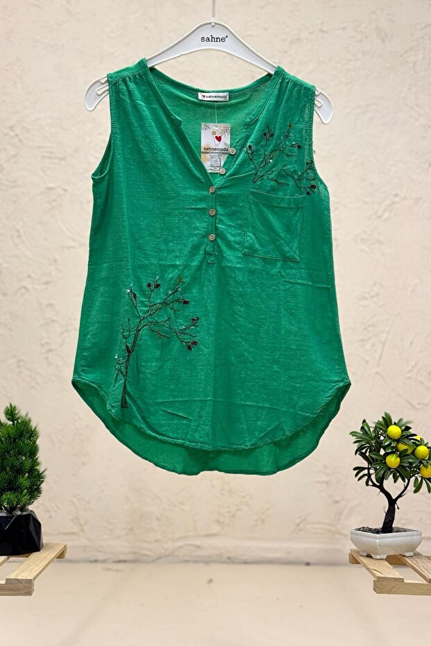 Embroidered Sleeveless Washable Linen Blouse