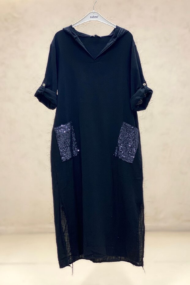 Hooded Pockets Sequined Long Linen Dress
