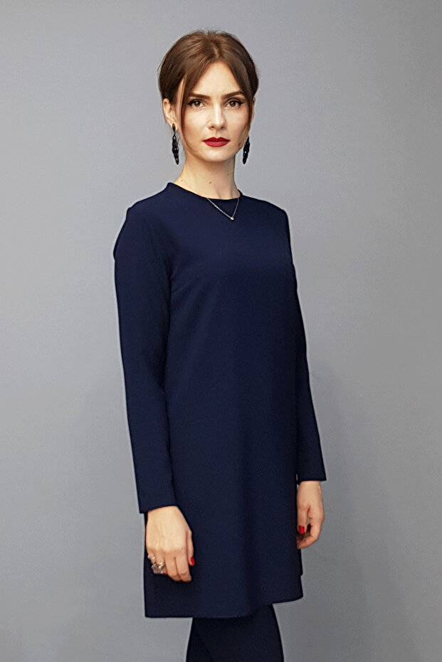 O-Neck Long Sleeve Blouse - Navy Blue