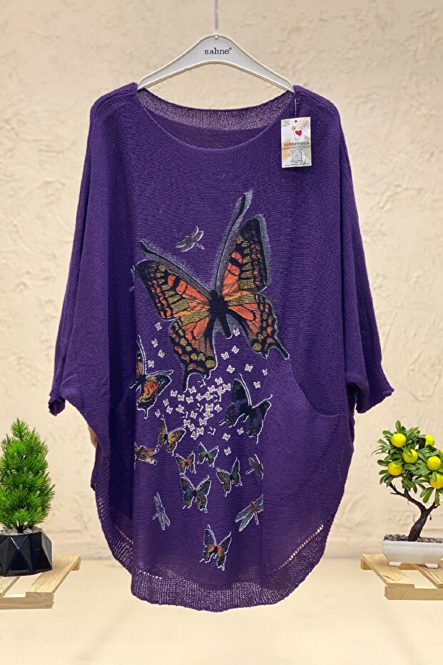Butterfly Print Bat Mercerized Pocket Blouse