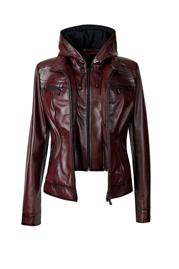 Harper Women's Genuine Leather Hooded Slimfit Real Leather Coat Burgundy