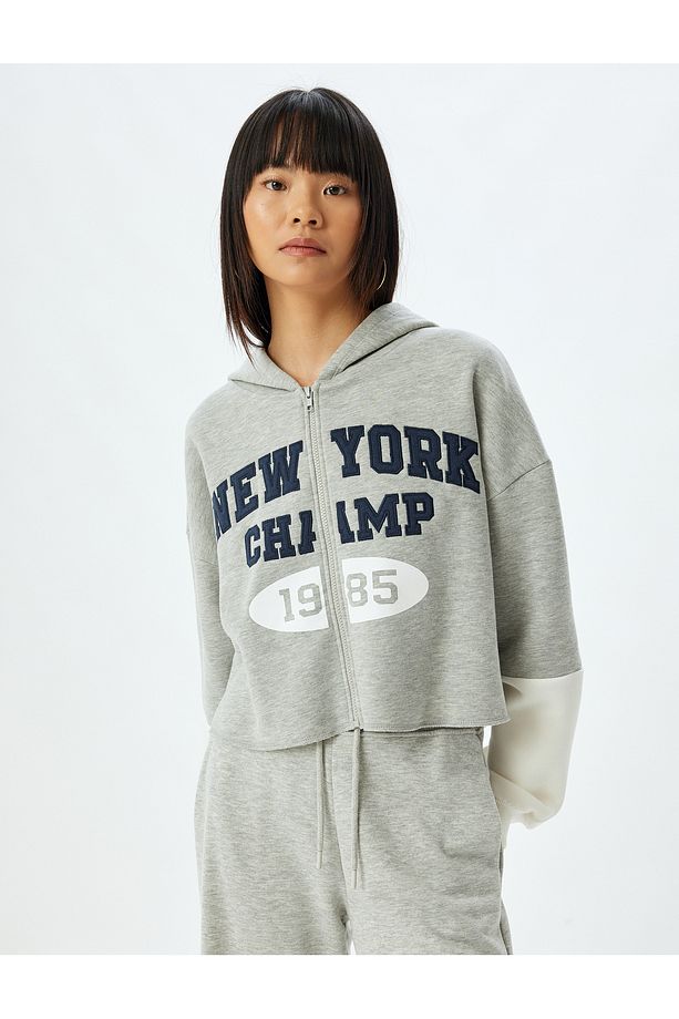Şardonlu Crop Sweatshirt Kapüşonlu Fermuarlı Kolej Işlemeli Cep Detaylı - 3