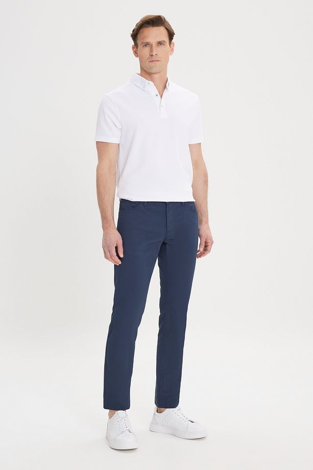 Erkek Lacivert Slim Fit Dar Kesim 5 Cep Armürlü Esnek Pantolon - 3