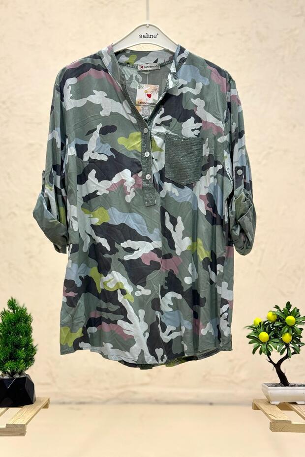 Yaka Pullu Hakim Yaka Düğmeli Kamuflaj Gömlek - 1