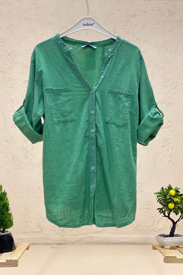 Collar and Button Paillette Linen Prevailing Collar Shirt