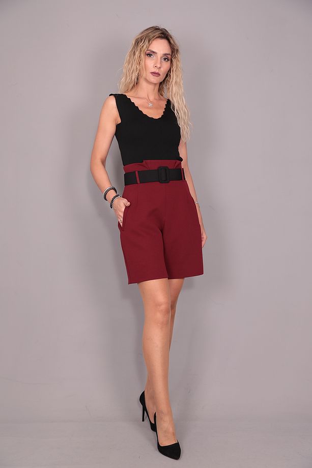 Kemerli Yüksek Bel Şort-Bordo - 2