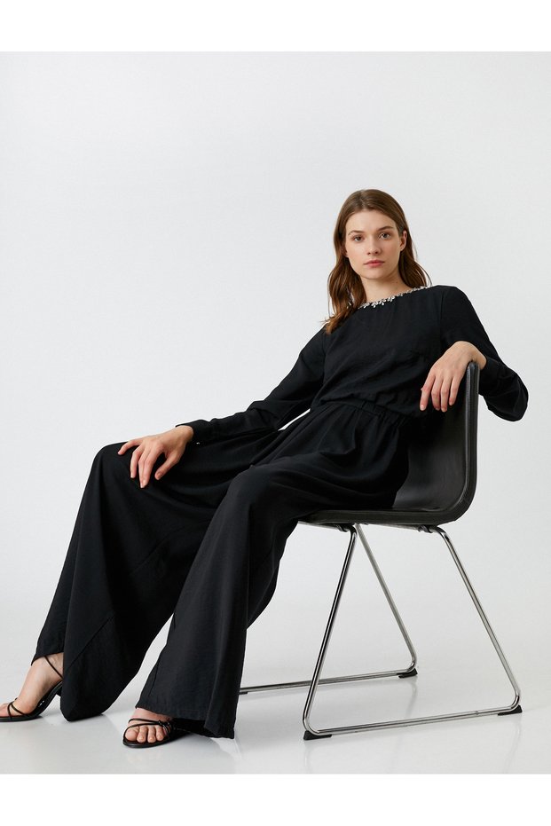 Wide Leg Evening Dress Jumpsuit Collar Stone Detail