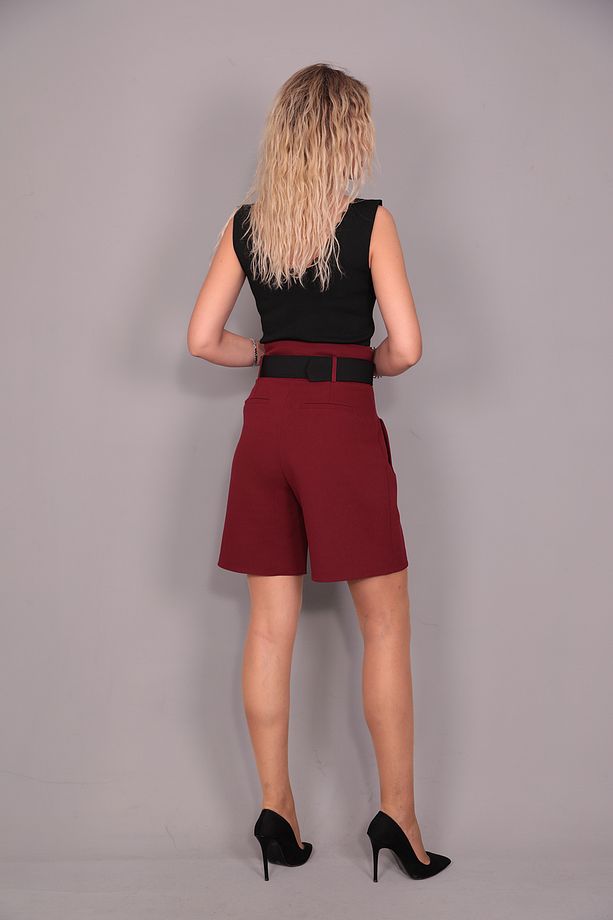 Kemerli Yüksek Bel Şort-Bordo - 3