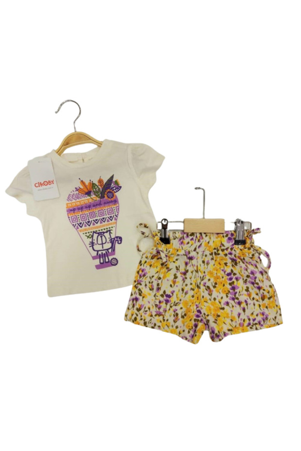 Girls' Double Suit Printed Ecru T-Shirt Floral Patterned Shorts