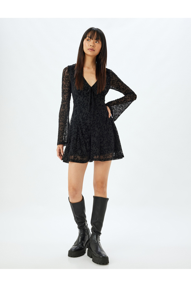 Mini Tulle Jumpsuit with Shorts V-Neck Long Sleeves Corset Detailed Ruched