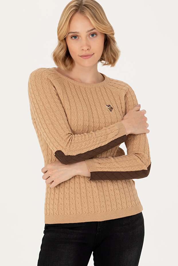 Women's Sand Melange Crew Neck Basic Sweater 50269010-Vr123