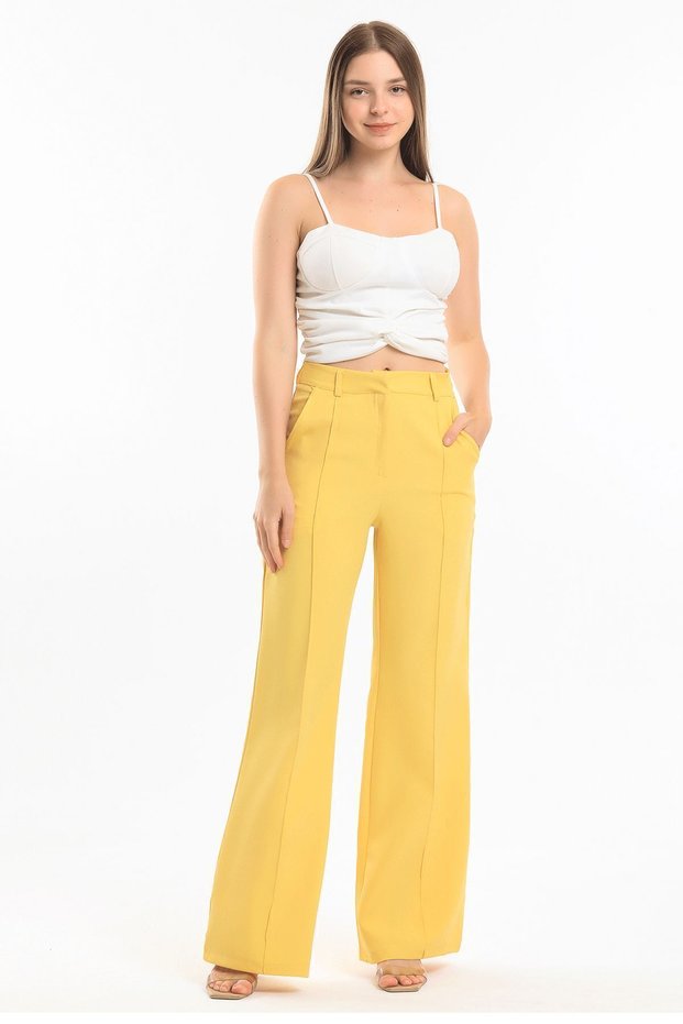 Ornamental Stitched Hürrem Fabric Wide Leg Trousers| Pnt34239 Yellow