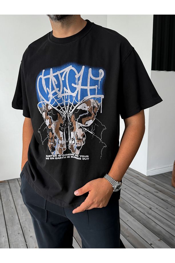 Siyah Butterfly Baskılı Oversize T-Shirt C-035 - 3
