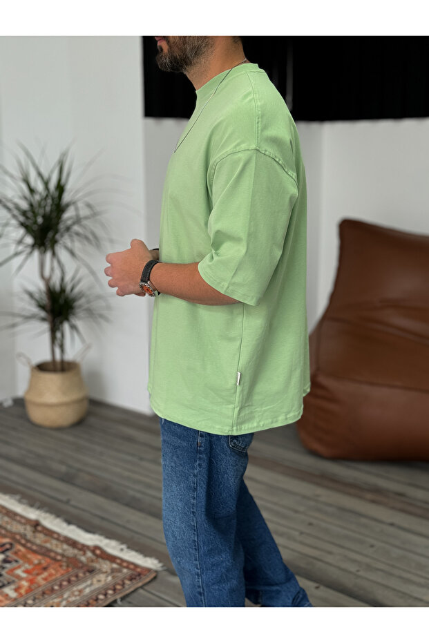 تي شيرت أساسي كبير الحجم باللون الأخضر الفستقي JJ-326 - 3