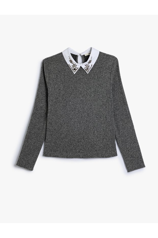 Stoned Shirt Collar Blouse Long Sleeve Slim Fit