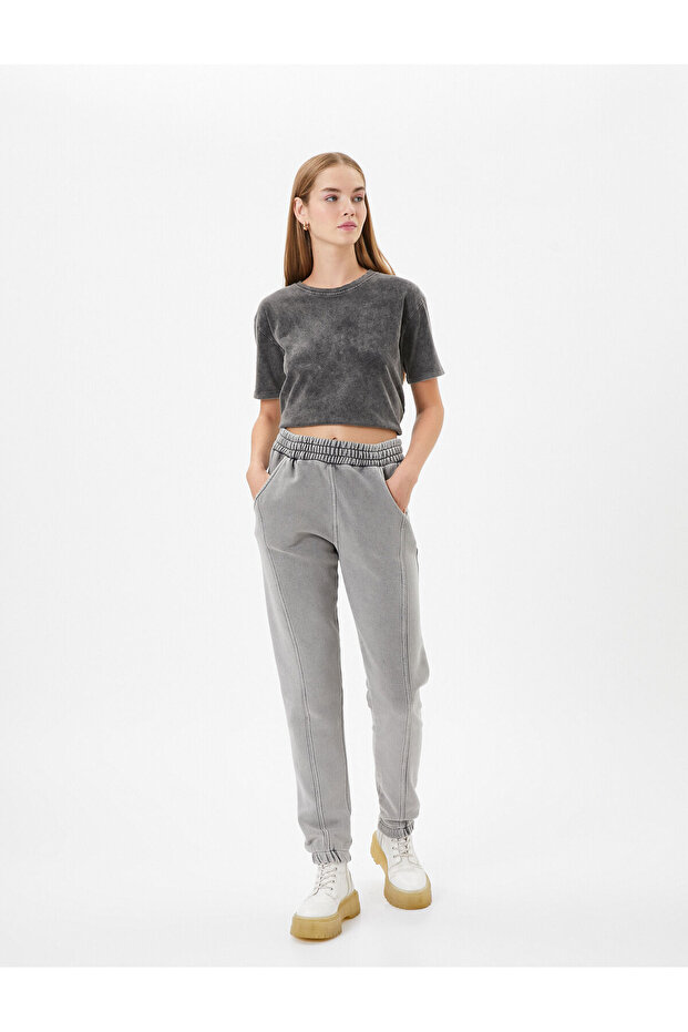 Jogger Sweatpants Faded Effect High Waist Pocket Comfortable Fit Cotton