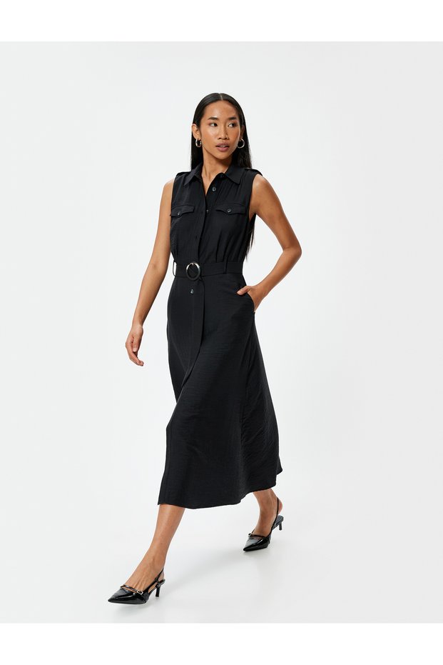 Midi Length Sleeveless Shirt Dress with Belt Detail and Pockets