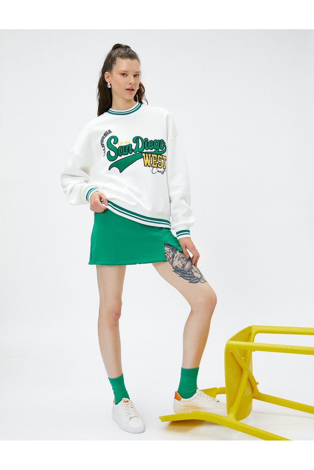 Crew Neck Sweatshirt College Embroidered Ribbed
