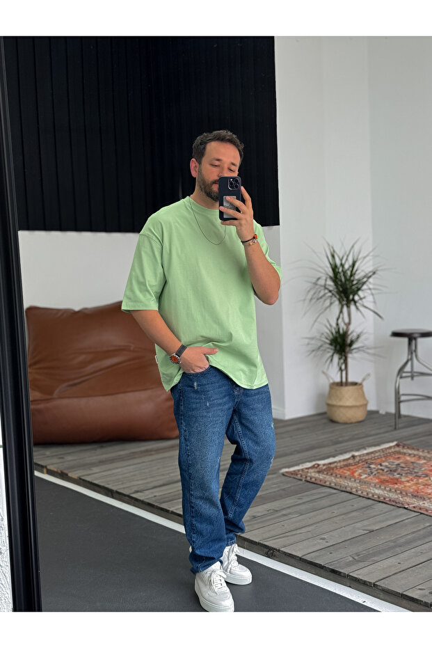 تي شيرت أساسي كبير الحجم باللون الأخضر الفستقي JJ-326 - 5