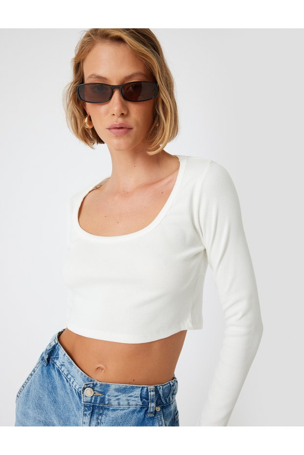 Long Sleeve Crop T-Shirt Ribbed Deep Round Neck Cotton Slim Fit