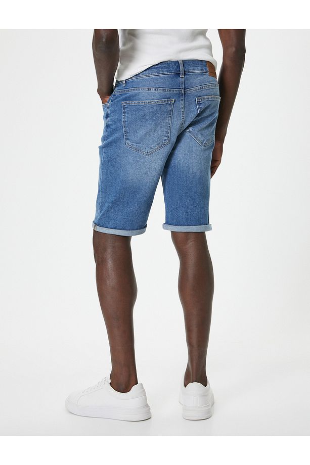Slim Fit Kot Şort Bermuda Düğmeli Cep Detaylı - 4