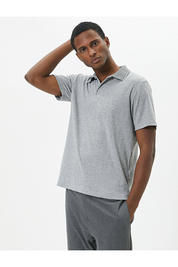 Polo T-Shirt Collar Detailed Buttoned Short Sleeve Textured