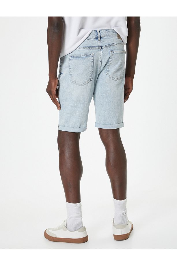 Slim Fit Kot Şort Bermuda Düğmeli Cep Detaylı - 4