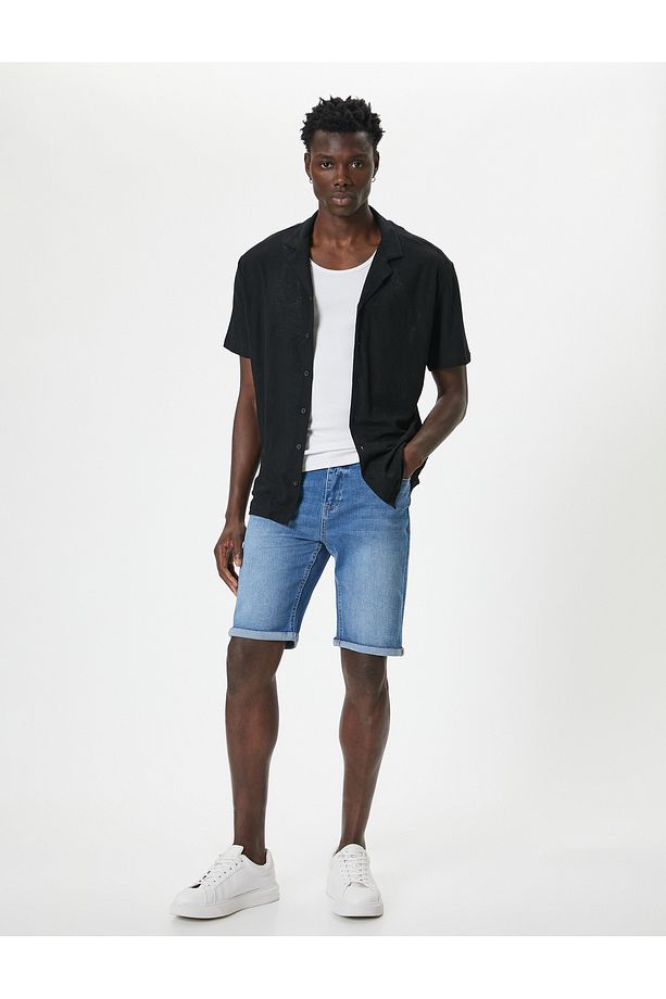 Slim Fit Kot Şort Bermuda Düğmeli Cep Detaylı - 2