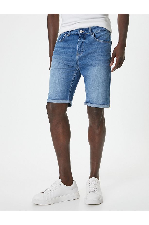 Slim Fit Kot Şort Bermuda Düğmeli Cep Detaylı - 3