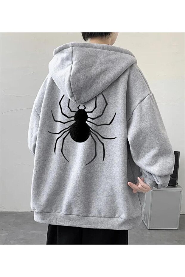 سترة بقلنسوة للجنسين من MODESSY Dangerous Spider مطبوعة من الأمام والخلف بسحاب كبير الحجم باللون الرمادي