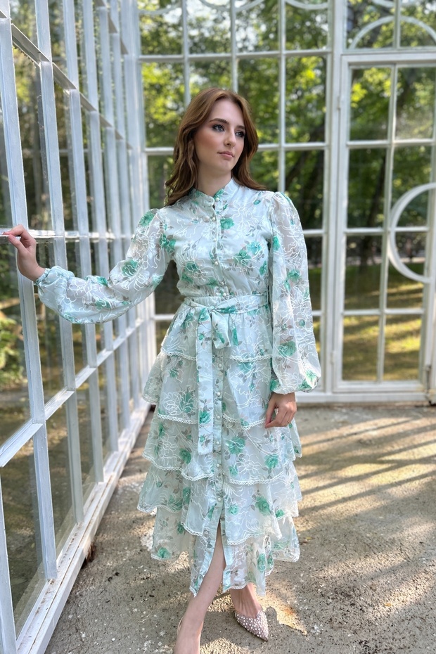 Green Patterned Flounce Dress