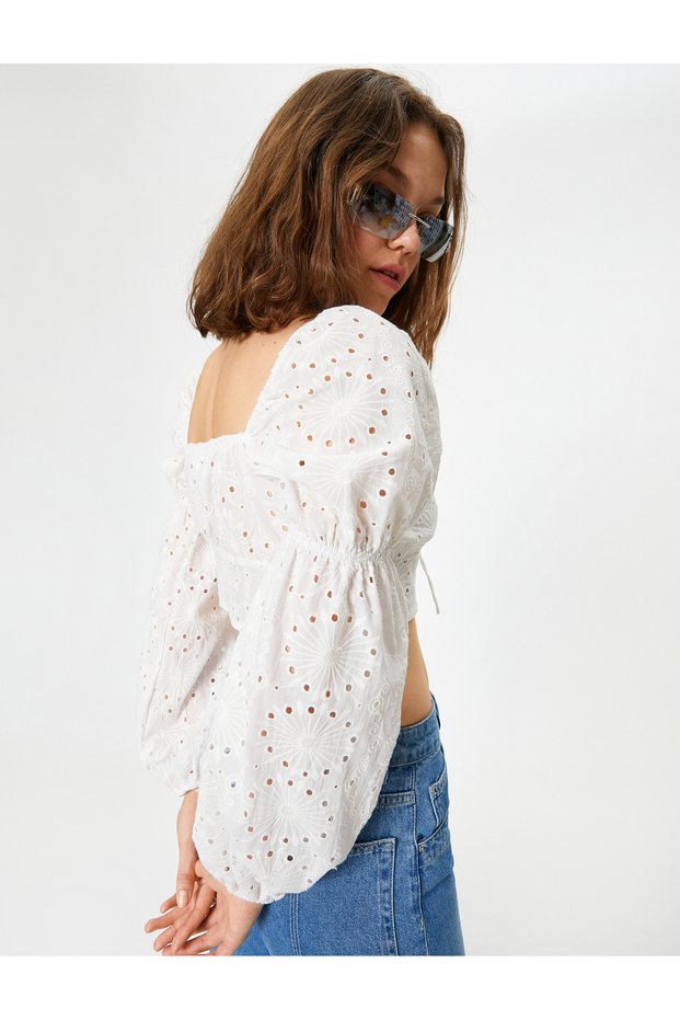 Fisto Crop Blouse with Balloon Sleeves, Heart Collar, Tie Detail, Slim Fit