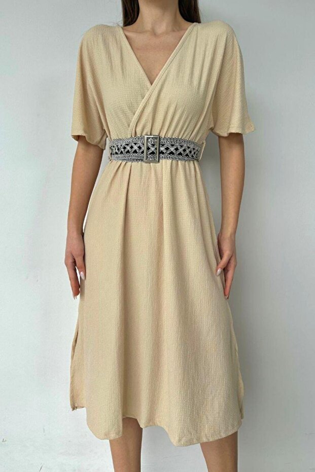 Rochie dublu cu guler cu curea Bej - 1