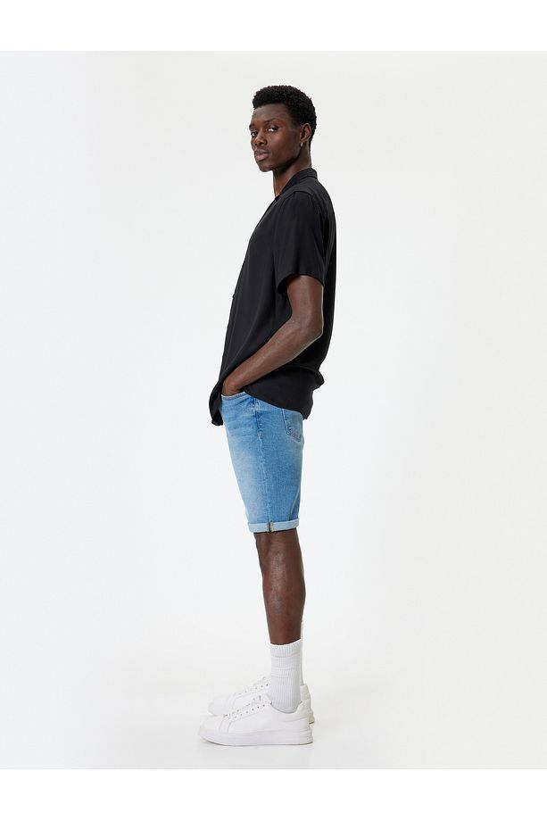 Slim Fit Kot Şort Bermuda Düğmeli Cep Detaylı - 1