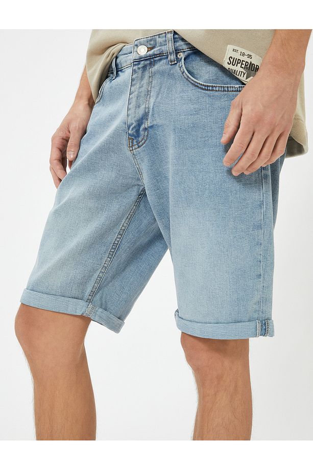 Slim Fit Kot Şort Bermuda Cep Detaylı Pamuklu - 5