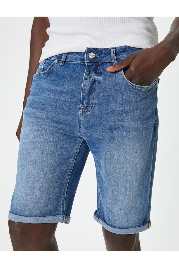 Slim Fit Kot Şort Bermuda Düğmeli Cep Detaylı - 5